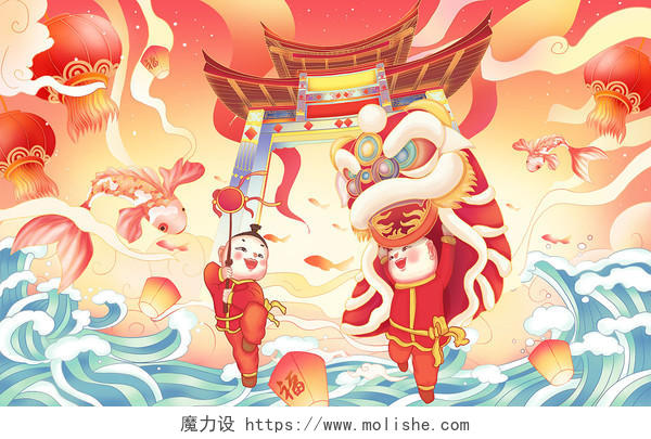 手绘国潮风新年新春舞狮子插画海报背景国潮春节新年插画